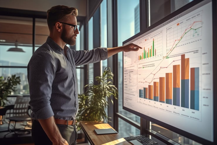 Man looking at data charts on a monitor